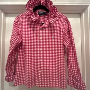 Upcycled Polo by Ralph Lauren Pink Gingham Ruffle Collar Button-Down Shirt